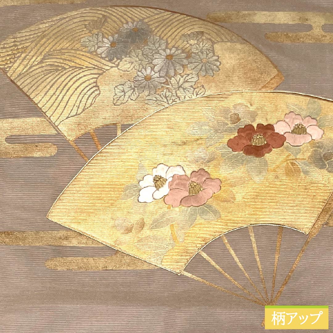 名古屋帯 正絹 Sランク 名古屋仕立て 都鼠色（みやこねずいろ） 古典柄 扇面 草花 帯丈356cm ポイント柄 セミフォーマル 紫系 1124012532320