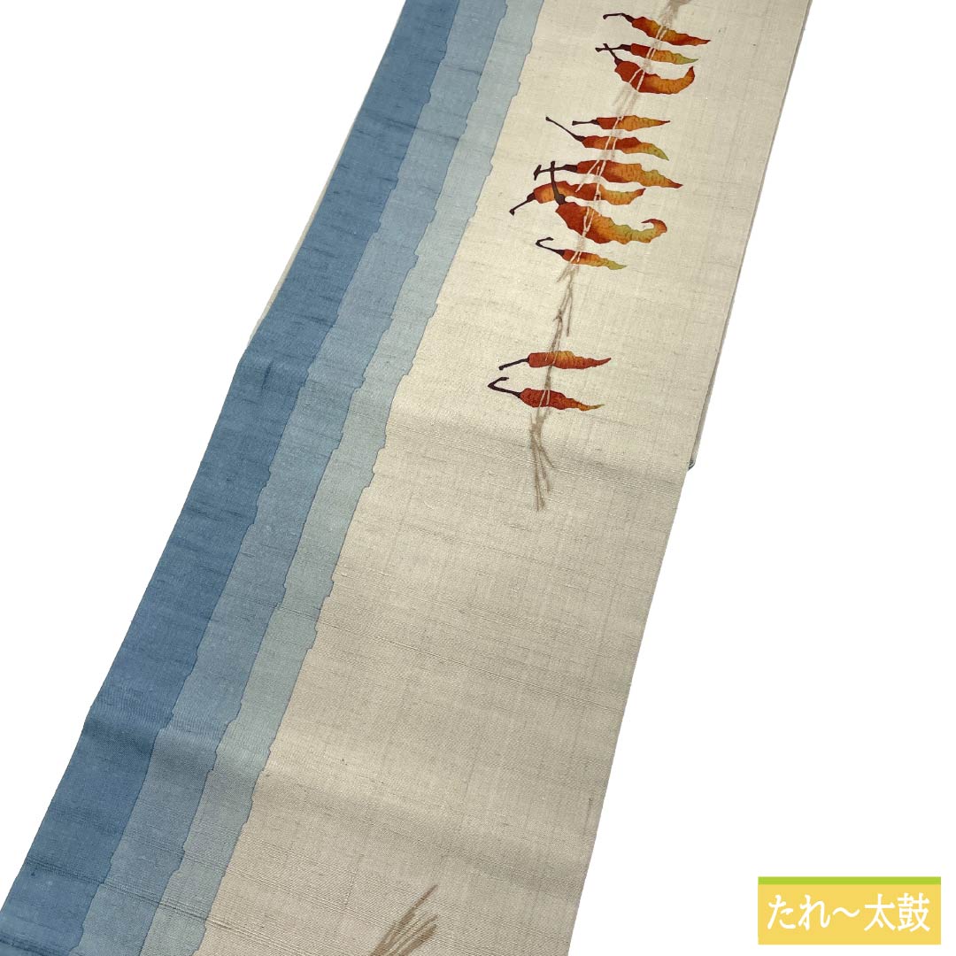 名古屋帯 正絹 Aランク 名古屋仕立て 絹鼠色（きぬねずいろ） 染め帯 紬地 唐辛子 帯丈427cm ポイント柄 カジュアル グレー系 1124011763422