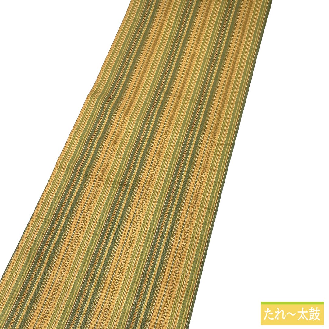 Nagoya obi, genuine silk, A rank, Nagoya tailoring, taupe/green, striped, geometric pattern, obi length 370cm, full pattern, casual, gradient, 1124011633399