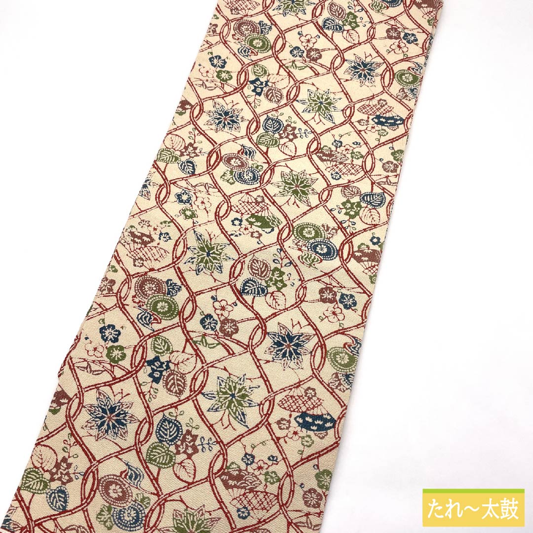 Nagoya obi, genuine silk, S-rank, Tonoko-iro (light beige), Kyo-bingata, tatewaku (wavy lines), plant motif, obi length 336cm, zen-tsu (pattern throughout), casual, beige tones, 1124011182325, Nagoya tailoring