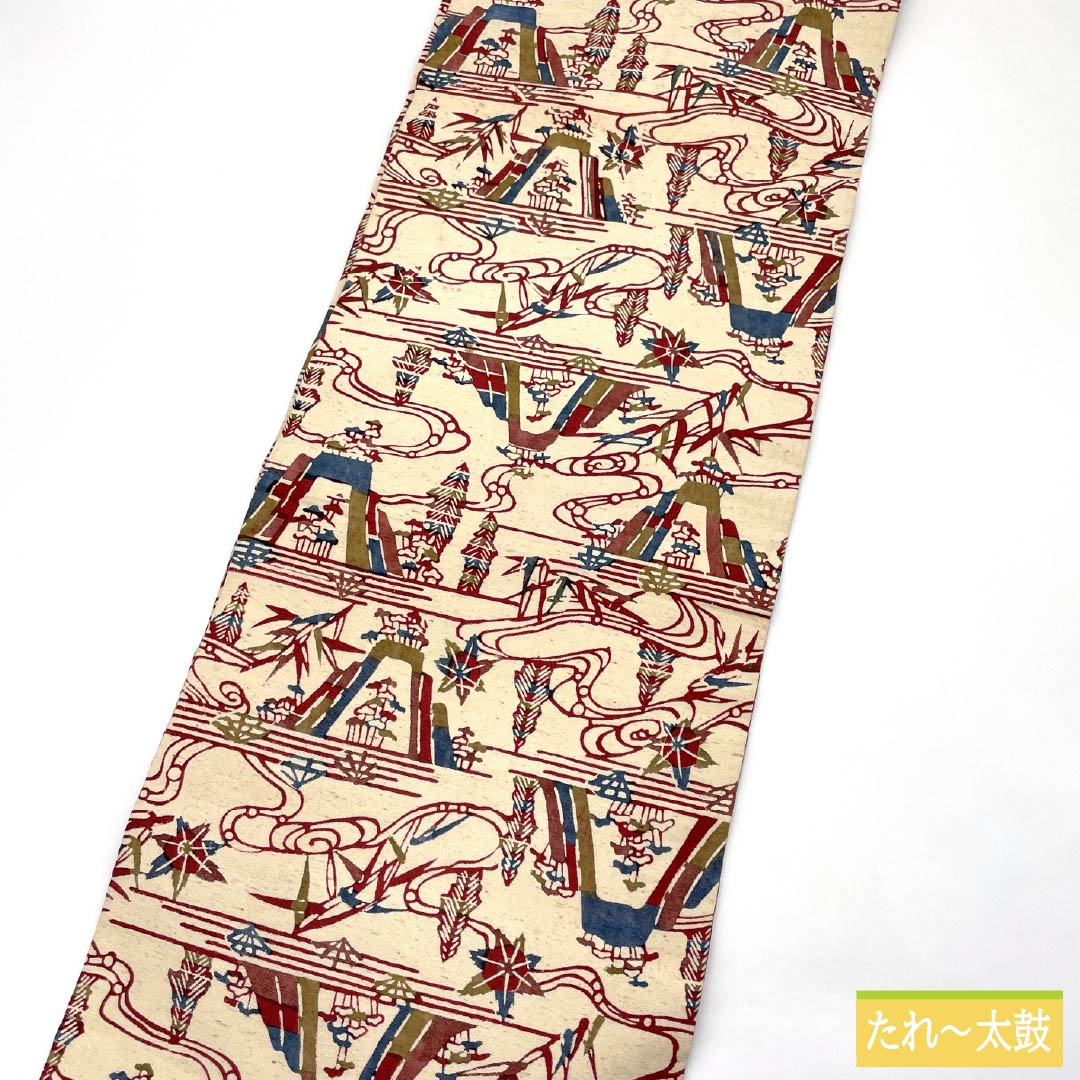 Nagoya obi, genuine silk, A rank, cream (neri-iro), plant-dyed, landscape painting, obi length 351cm, point pattern, casual, beige family, 1124011113325, Nagoya tailoring