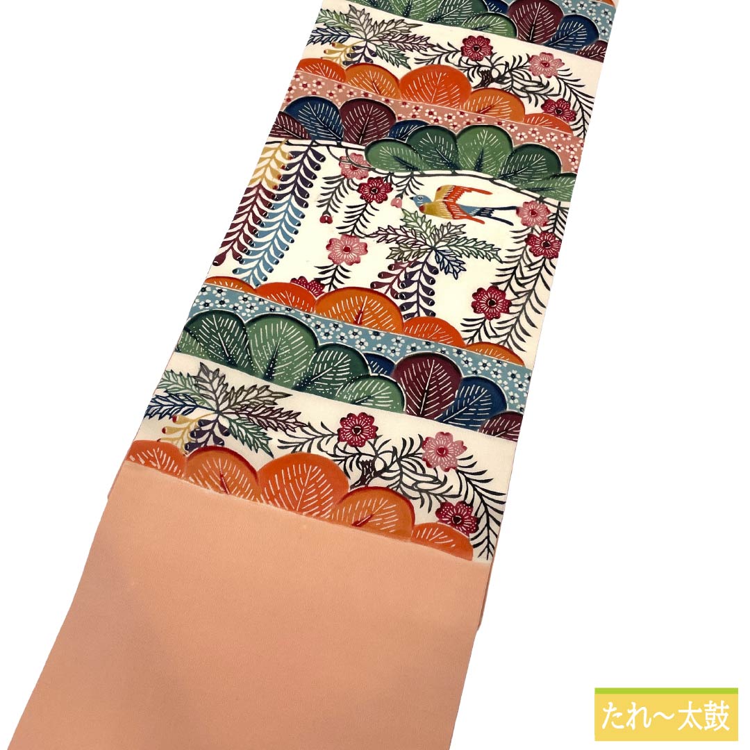 名古屋帯 正絹 Aランク 名古屋仕立て 乙女色（おとめいろ） 京紅型 草花模様 鳥 帯丈354cm 六通 カジュアル ピンク系 1124012453313