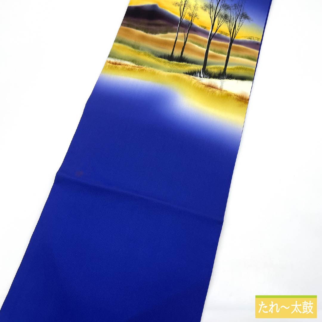 Nagoya obi, genuine silk, A rank, bellflower color (kikyō-iro), dyed obi, shioze, landscape pattern, obi length 361cm, focal pattern, semi-formal, blue tones, 1124011463317, Nagoya-style tailoring