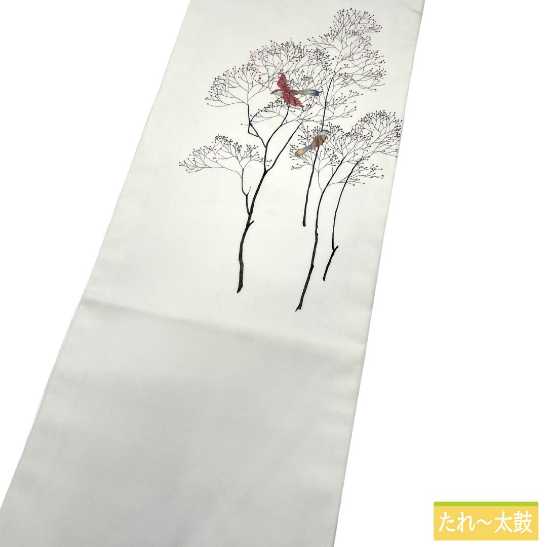 名古屋帯 正絹 Aランク 名古屋仕立て 白色（しろいろ） 塩瀬 木 鳥 帯丈370cm ポイント柄 カジュアル 白系 1124012583311