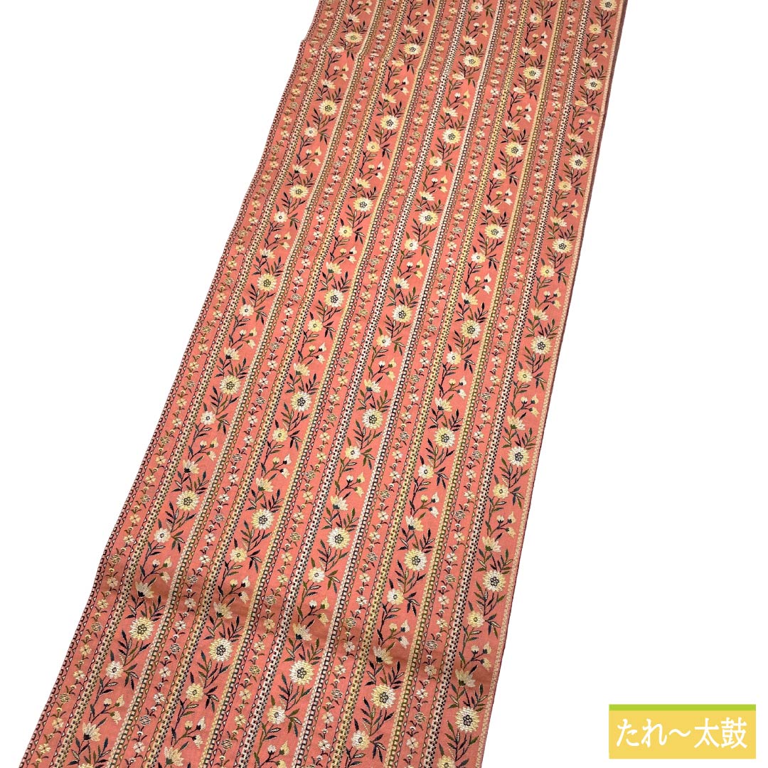 名古屋帯 正絹 Sランク 松葉仕立て 紅梅色（こうばいいろ） 縞 小花柄 帯丈330cm 全通 カジュアル ピンク系 1124012362313