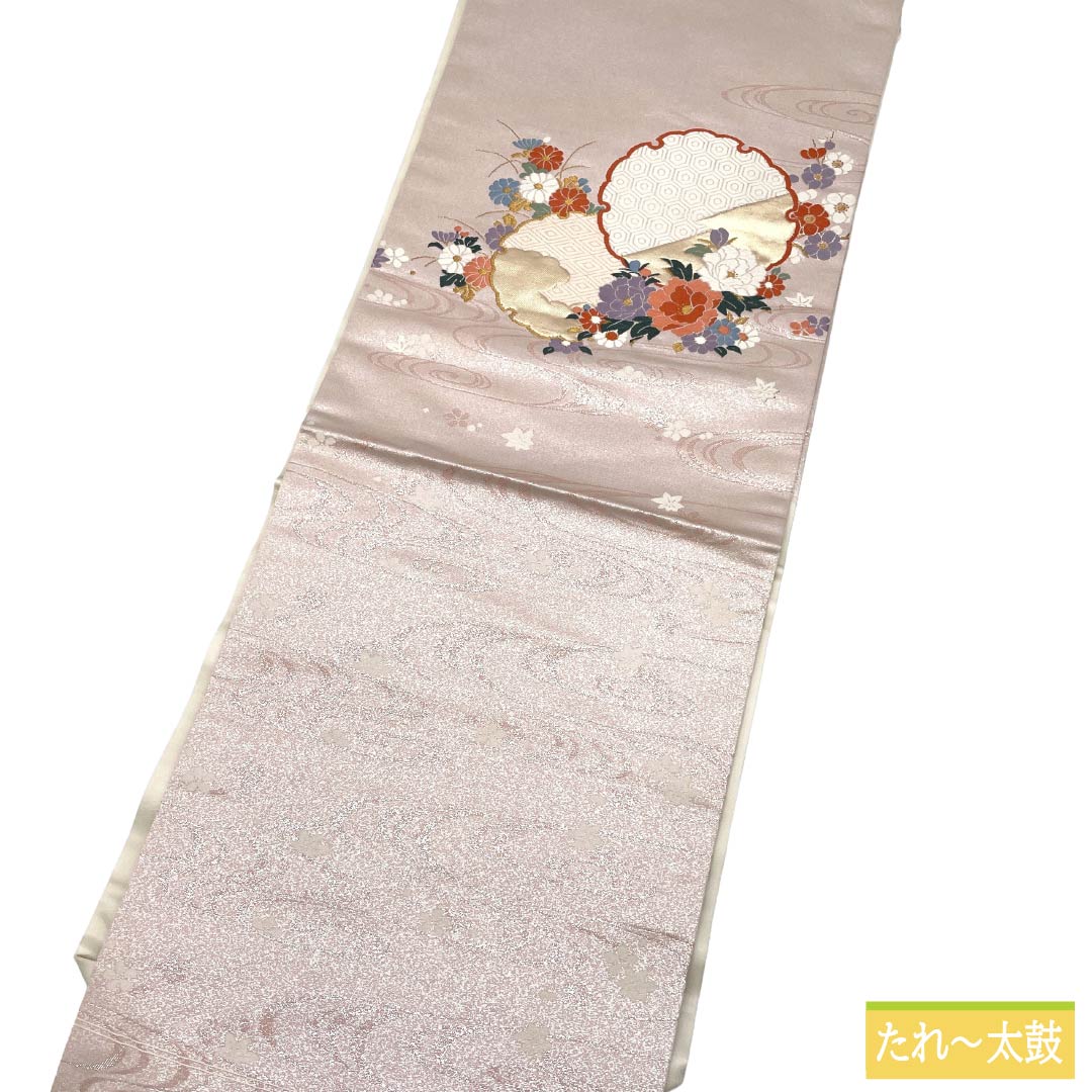 名古屋帯 正絹 Aランク 名古屋仕立て 薄桜色（うすさくらいろ） 古典柄 雪輪 花 帯丈356cm ポイント柄 セミフォーマル ピンク系 1124012523313