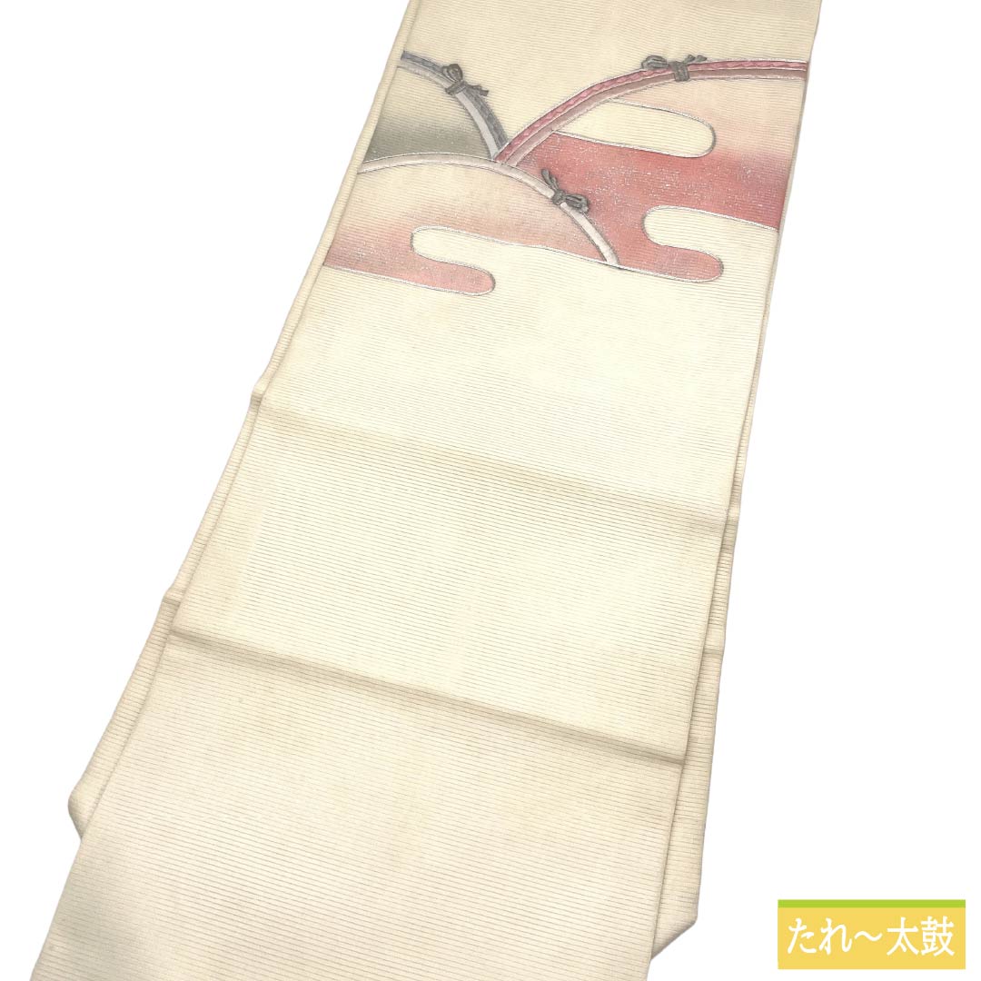 名古屋帯 正絹 Aランク 名古屋仕立て 乳白色（にゅうはくしょく） 夏帯 紐 雲 帯丈354cm ポイント柄 セミフォーマル 白系 1124013003311