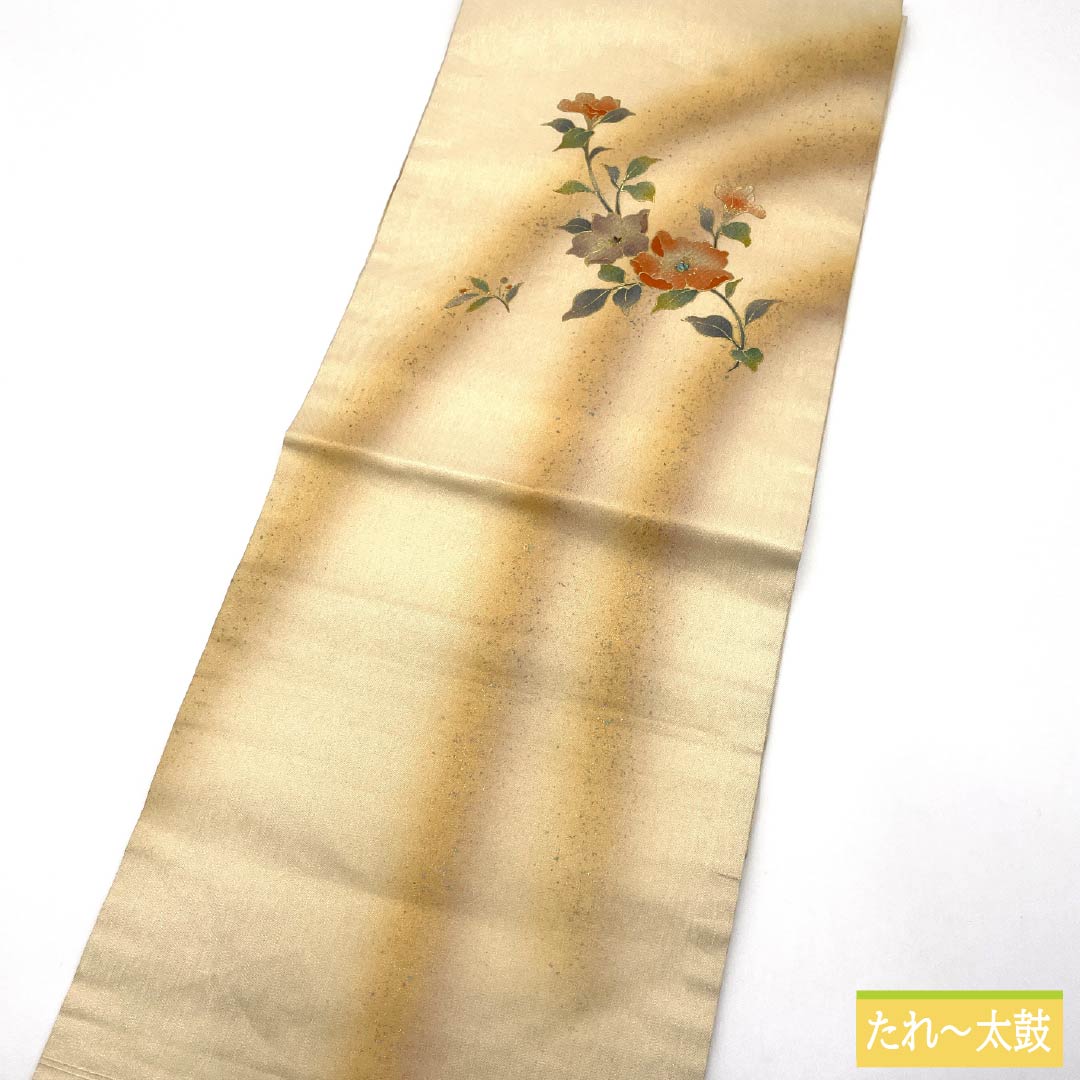 名古屋帯 正絹 Aランク 金色 金彩加工 花柄 螺鈿 帯丈363cm ポイント柄 セミフォーマル 金系 1124011063321 名古屋仕立て