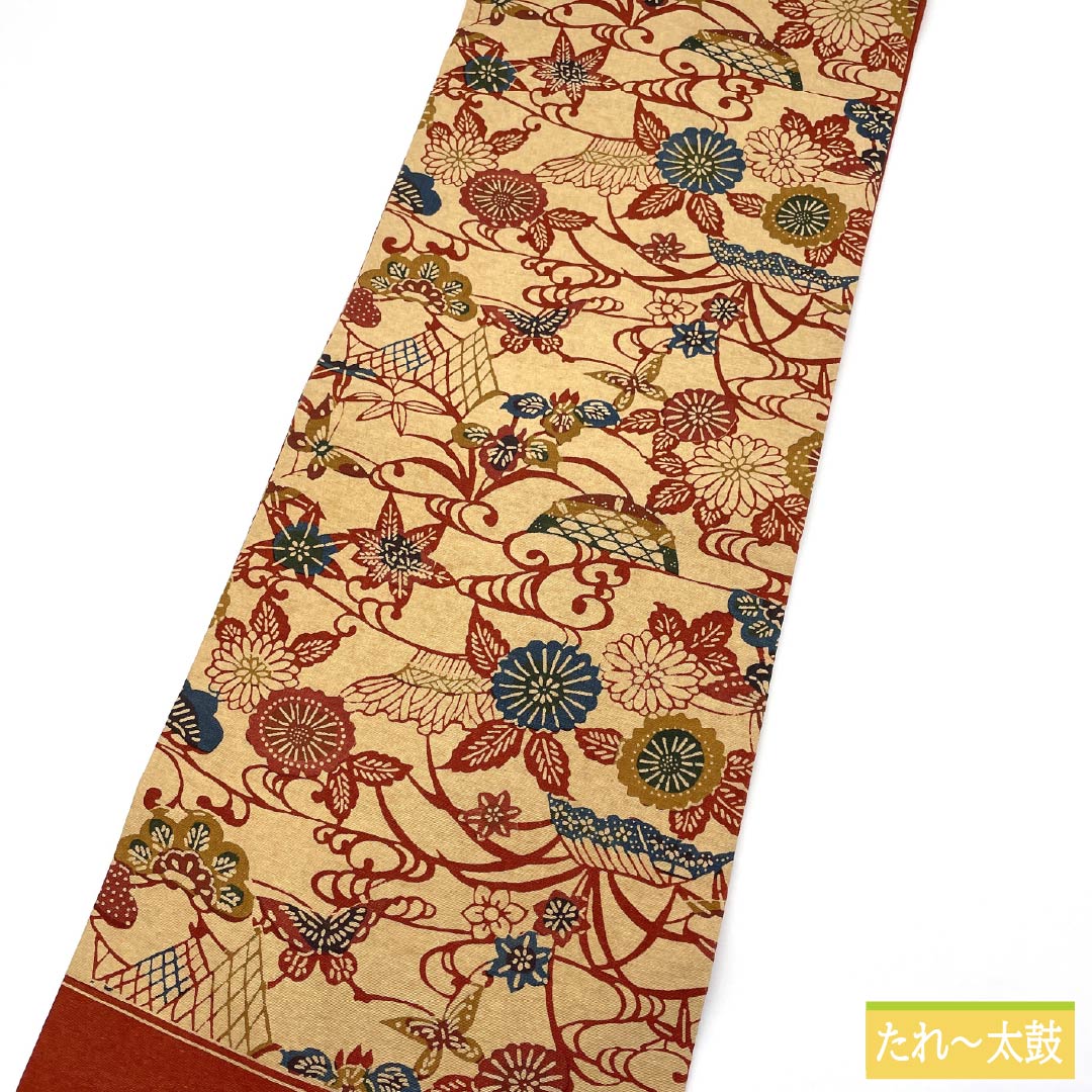 Nagoya obi, genuine silk, Rank A, clove color, Kyo-bingata, floral pattern, classic design, obi length 348cm, rokkutsu, casual, beige, 1124011123325, Nagoya style