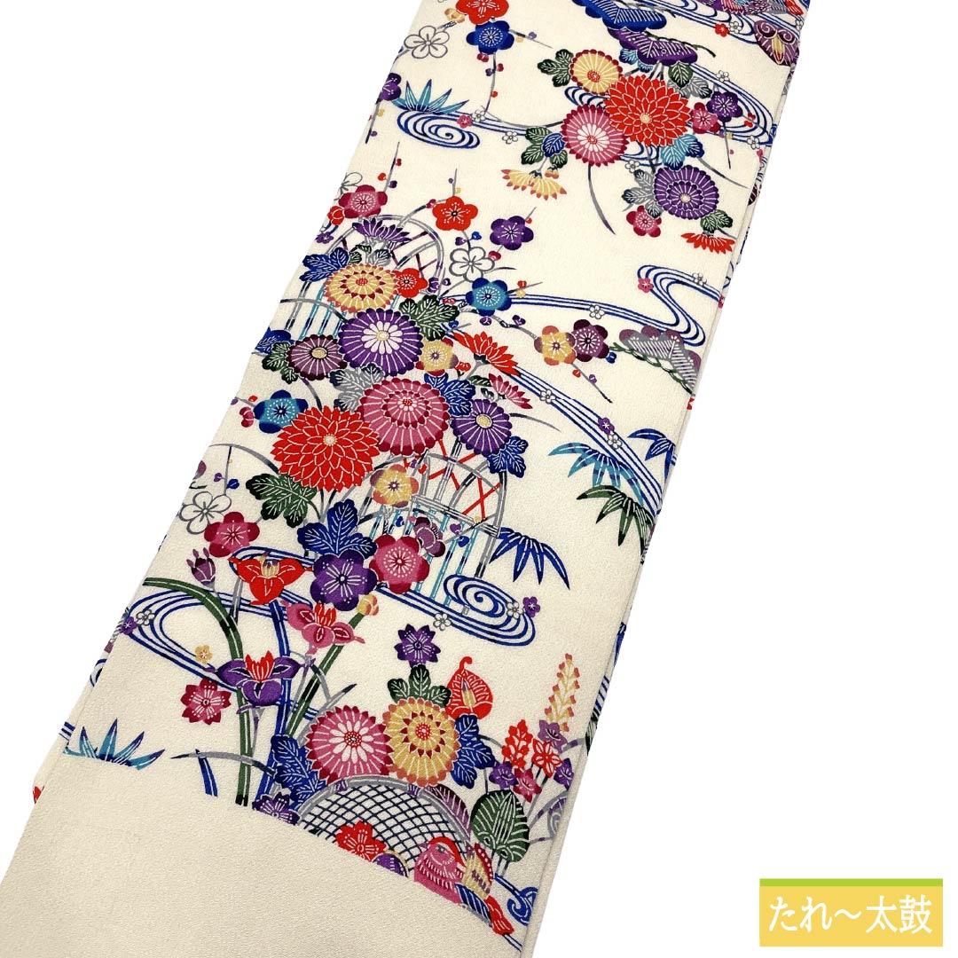 名古屋帯 正絹 Sランク 名古屋仕立て 乳白色（にゅうはくしょく） 京紅型 花柄 ちりめん地 帯丈336cm 全通 カジュアル 白系 1124011742311