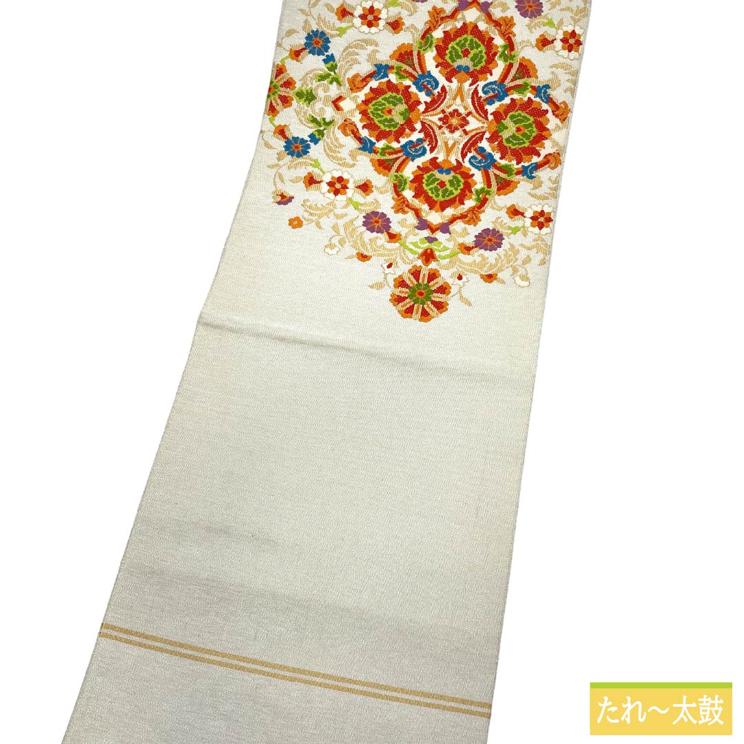 名古屋帯 正絹 Aランク 松葉仕立て 銀色（ぎんいろ） 花文様 綴れ織り 帯丈355cm ポイント柄 セミフォーマル 銀系 1124012783322