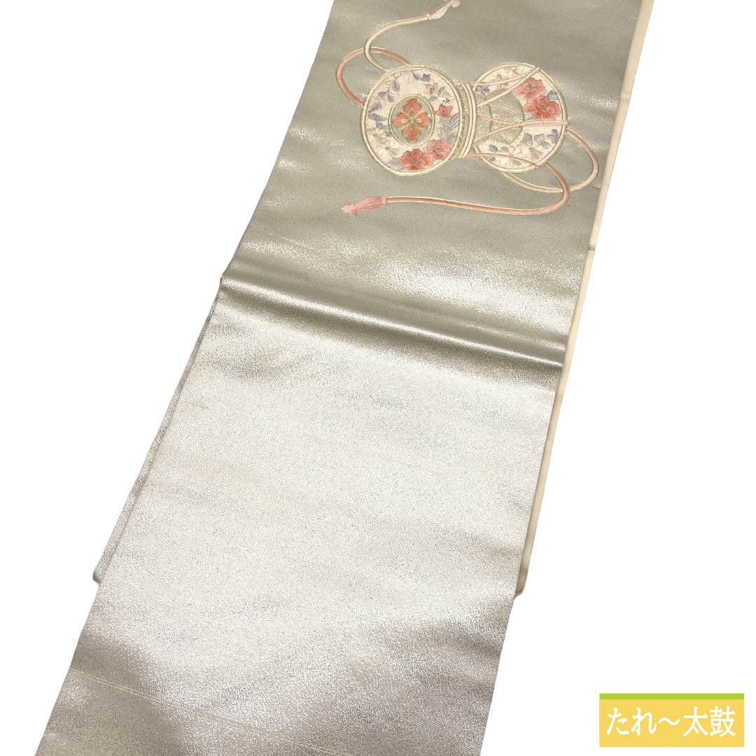 Nagoya obi, genuine silk, Rank A, Nagoya tailoring, silver (gin'iro), Suzhou embroidery, classic pattern, tsuzumi drum, obi length 358cm, partial pattern, semi-formal, silver-tone, 1124012623322