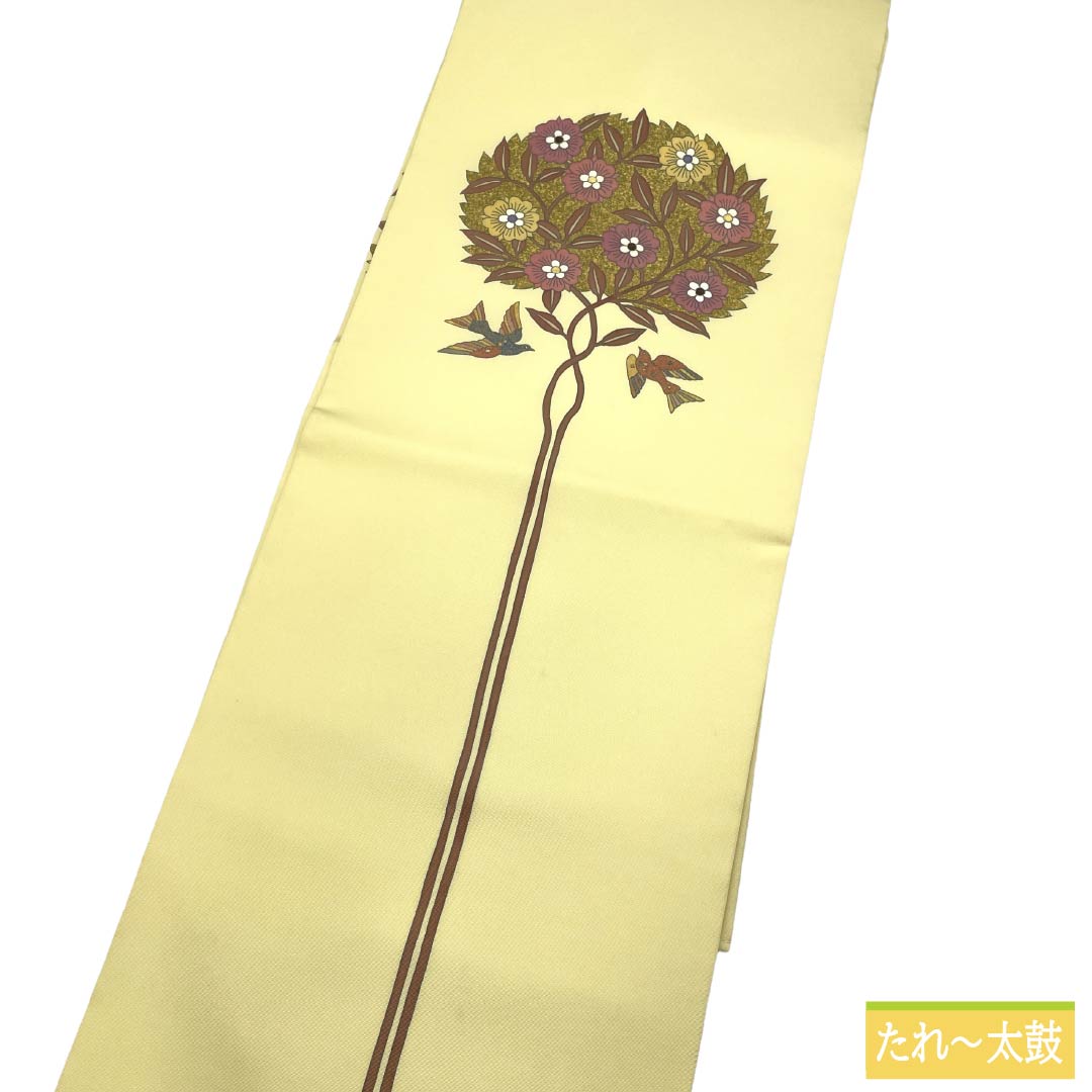 名古屋帯 正絹 Aランク 名古屋仕立て 淡黄檗色（うすきはだいろ） 作家物 塩瀬 しつけ付き 帯丈365cm ポイント柄 カジュアル 黄系 1124012593323