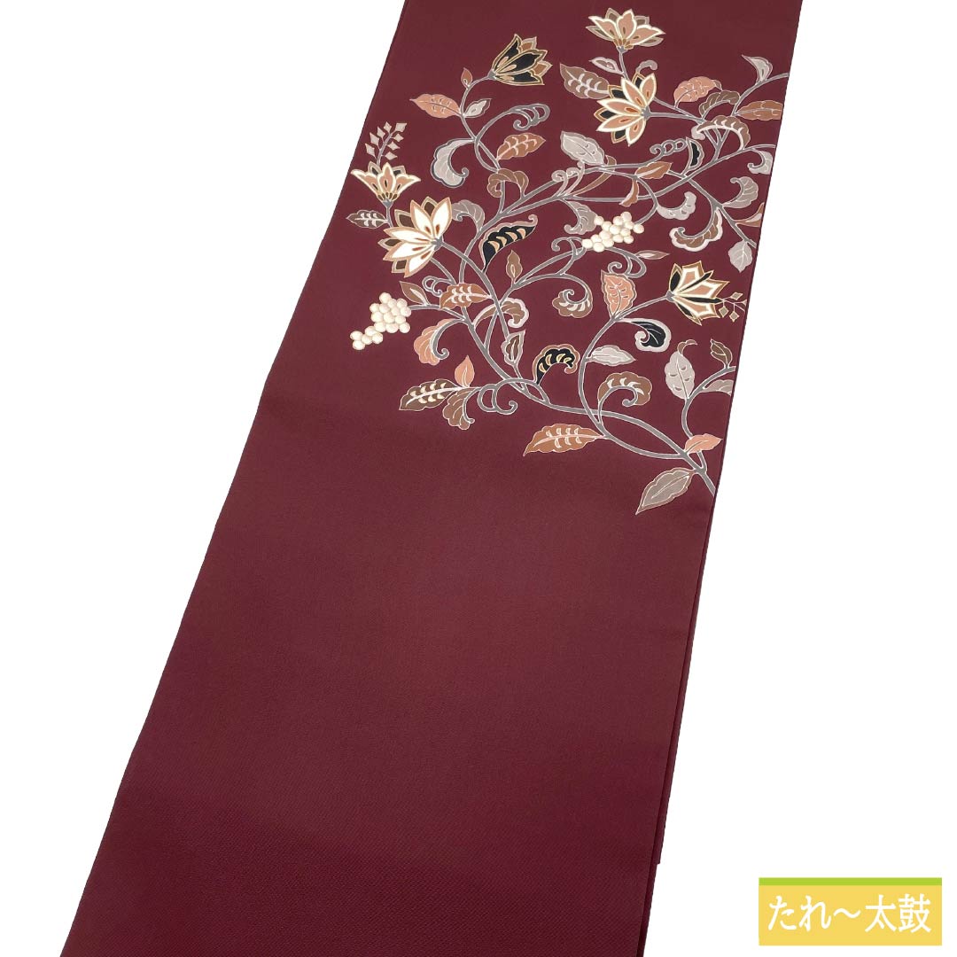 Nagoya obi, genuine silk, A rank, Nagoya tailoring, mokuran-jiki (magnolia color), dyed obi, shioze (crepe silk), arabesque pattern, obi length 380cm, point pattern, semi-formal, brown family, 1124012003414