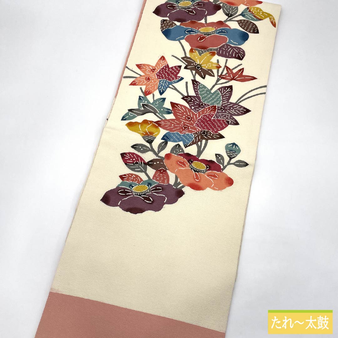 Nagoya obi, genuine silk, A rank, milky white, Kyo-bingata, dawn pink, floral pattern, obi length 345cm, rokkutsu, casual, white, 1124011073311, Nagoya tailoring