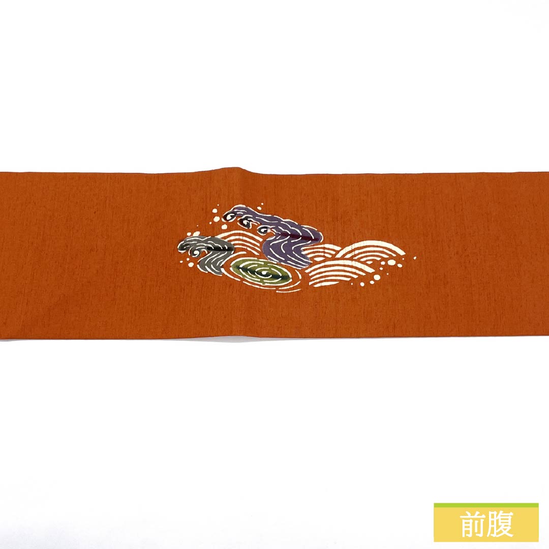 Nagoya obi, genuine silk, Rank A, rust-colored, stencil-dyed, mandarin duck, classic pattern, obi length 366cm, partial design, casual, orange系, 1124011413326 Nagoya tailoring