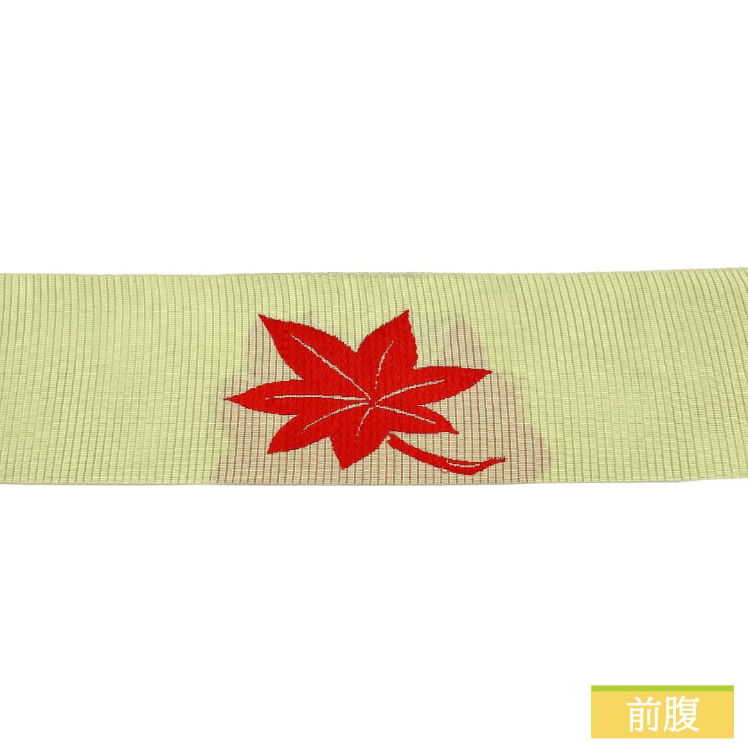 名古屋帯 正絹 Aランク 名古屋仕立て 若芽色（わかめいろ） 夏帯 古典柄 紅葉 帯丈334cm ポイント柄 セミフォーマル 緑系 1124013033319