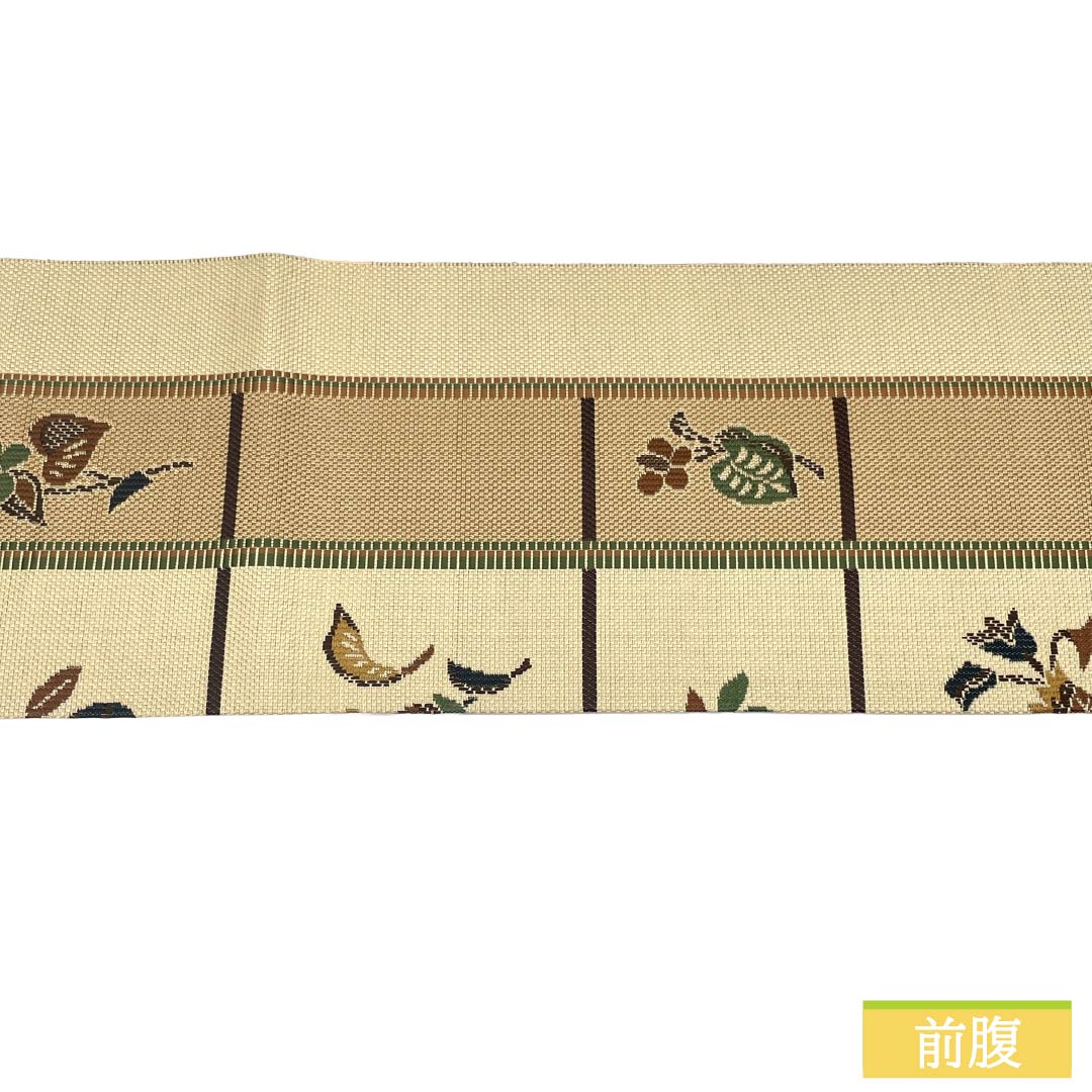 Nagoya obi, genuine silk, A rank, Nagoya tailoring, lattice, plants and botanical pattern, obi length 374cm, Rokutsu (pattern on six panels), casual, beige color, 1124011943325