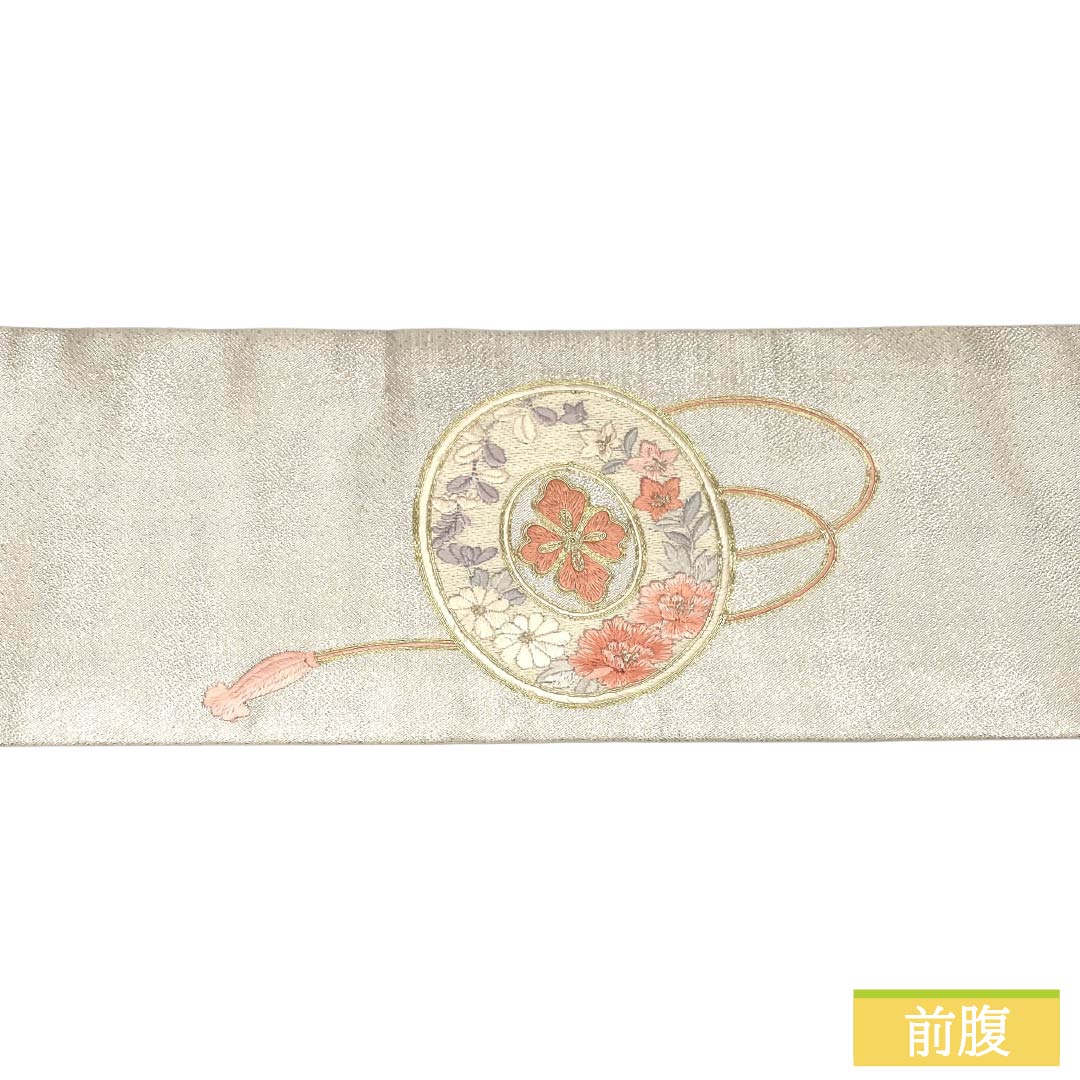 Nagoya obi, genuine silk, Rank A, Nagoya tailoring, silver (gin'iro), Suzhou embroidery, classic pattern, tsuzumi drum, obi length 358cm, partial pattern, semi-formal, silver-tone, 1124012623322