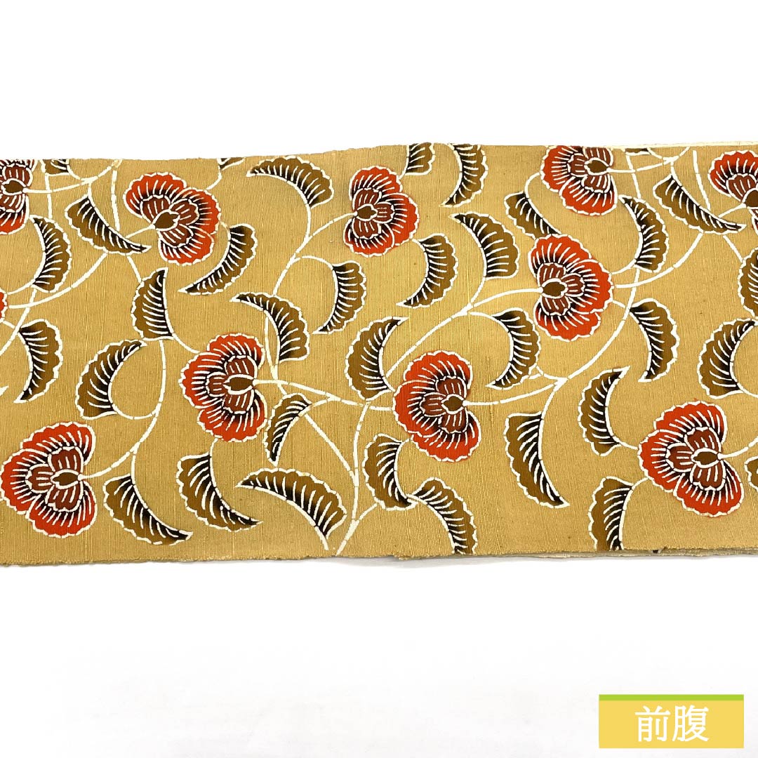 Nagoya Obi Silk A Rank Straw Yellow Kyo-Bingata Arabesque Pattern Tsumugi Weave 362cm Length Rokutsu Casual Beige 1124011213325 Matsuba-Jitate