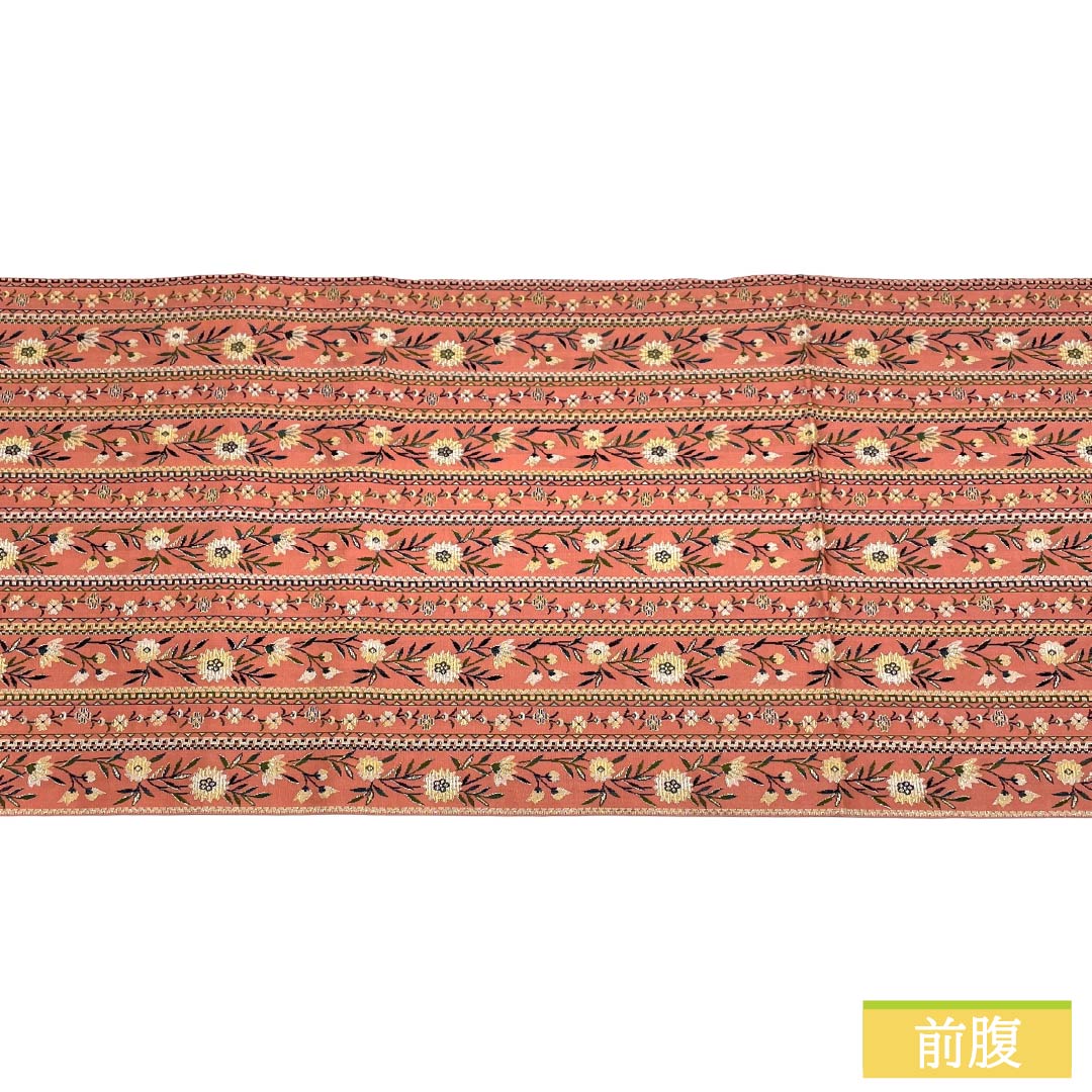 名古屋帯 正絹 Sランク 松葉仕立て 紅梅色（こうばいいろ） 縞 小花柄 帯丈330cm 全通 カジュアル ピンク系 1124012362313