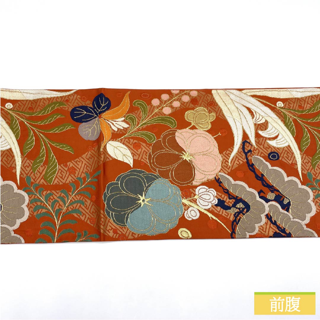 袋帯 正絹 Aランク 赭色（そういろ） 西陣織 白綾苑大庭 吉祥文様 帯丈428cm 六通 フォーマル 朱系 1123015903316