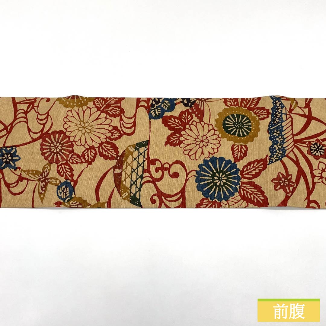 Nagoya obi, genuine silk, Rank A, clove color, Kyo-bingata, floral pattern, classic design, obi length 348cm, rokkutsu, casual, beige, 1124011123325, Nagoya style