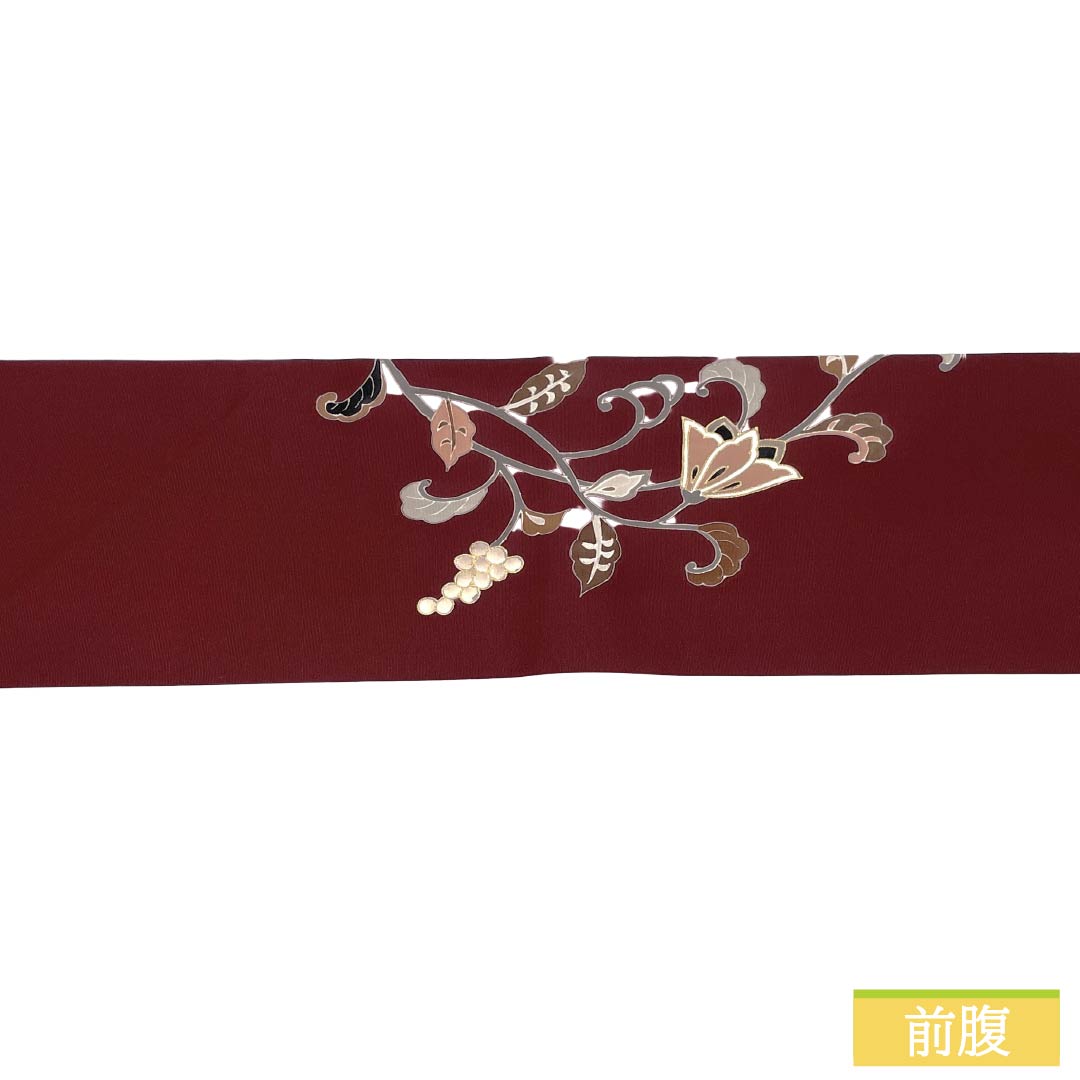 Nagoya obi, genuine silk, A rank, Nagoya tailoring, mokuran-jiki (magnolia color), dyed obi, shioze (crepe silk), arabesque pattern, obi length 380cm, point pattern, semi-formal, brown family, 1124012003414