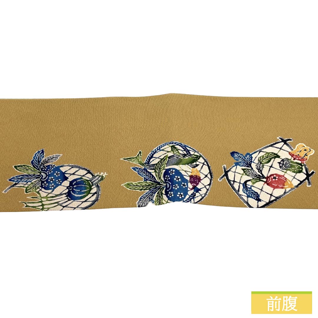 名古屋帯 正絹 Aランク 名古屋仕立て 胡桃色（くるみいろ） 型染 古典柄 野菜 帯丈362cm 全通 カジュアル ベージュ系 1124012123325