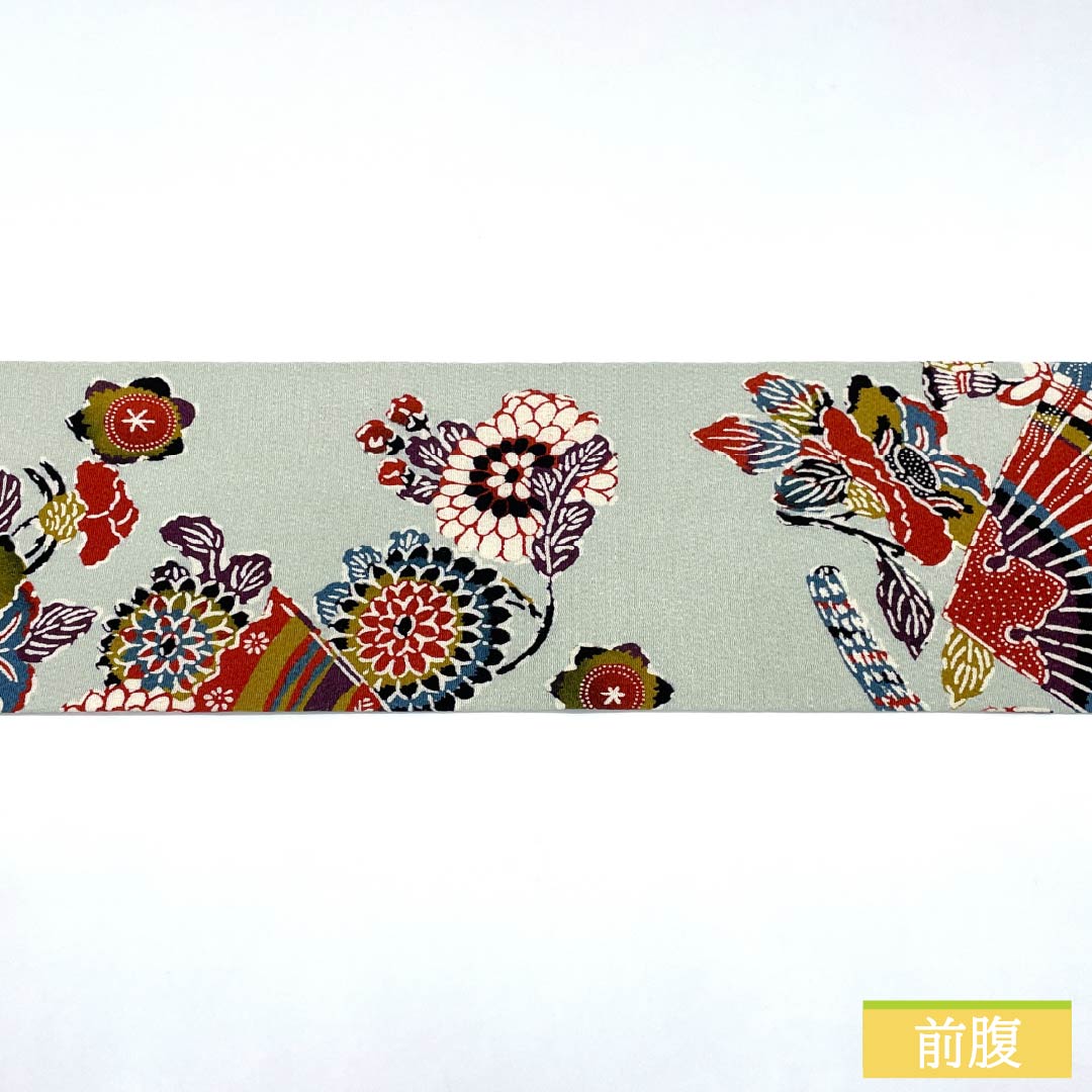 名古屋帯 正絹 Aランク 青白磁色（せいはくじいろ） 型染 扇 花 帯丈350cm 全通 カジュアル 水色系 1124011573324 名古屋仕立て