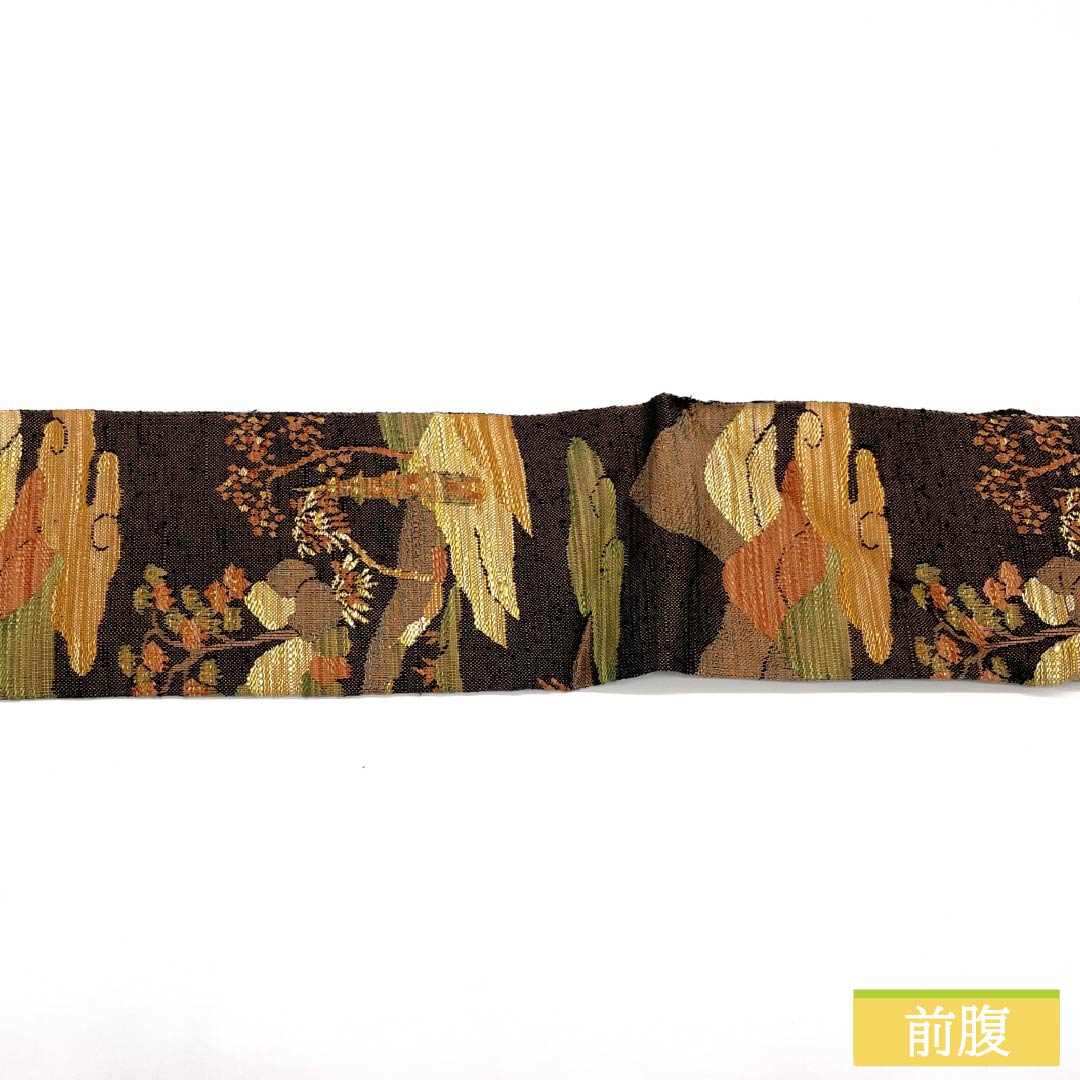 Nagoya obi, genuine silk, A rank, hiwada-iro (dark brown), tsumugi fabric, landscape pattern, obi length 352cm, rokkaku, casual, brown, 1124011293314, Nagoya tailoring