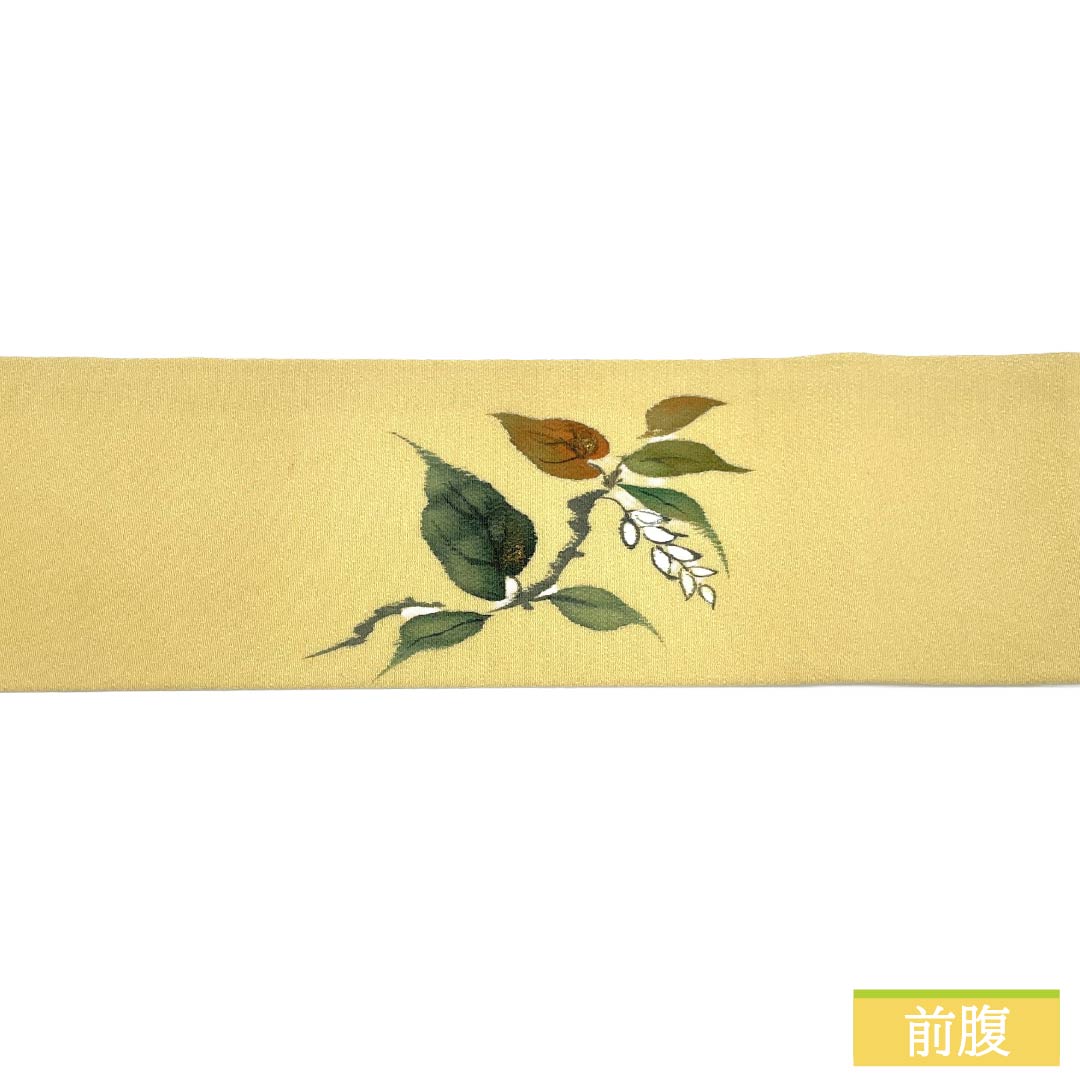 Nagoya obi, genuine silk, A rank, Nagoya-style tailoring, eggshell color, chirimen fabric, dyed reeds and floral patterns, obi length 363cm, partial pattern, casual, yellow tones