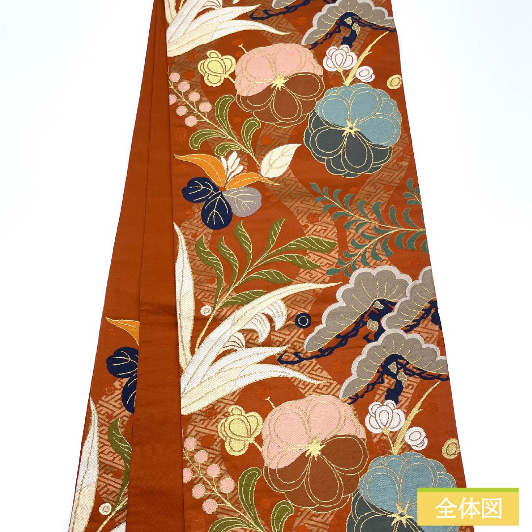 袋帯 正絹 Aランク 赭色（そういろ） 西陣織 白綾苑大庭 吉祥文様 帯丈428cm 六通 フォーマル 朱系 1123015903316