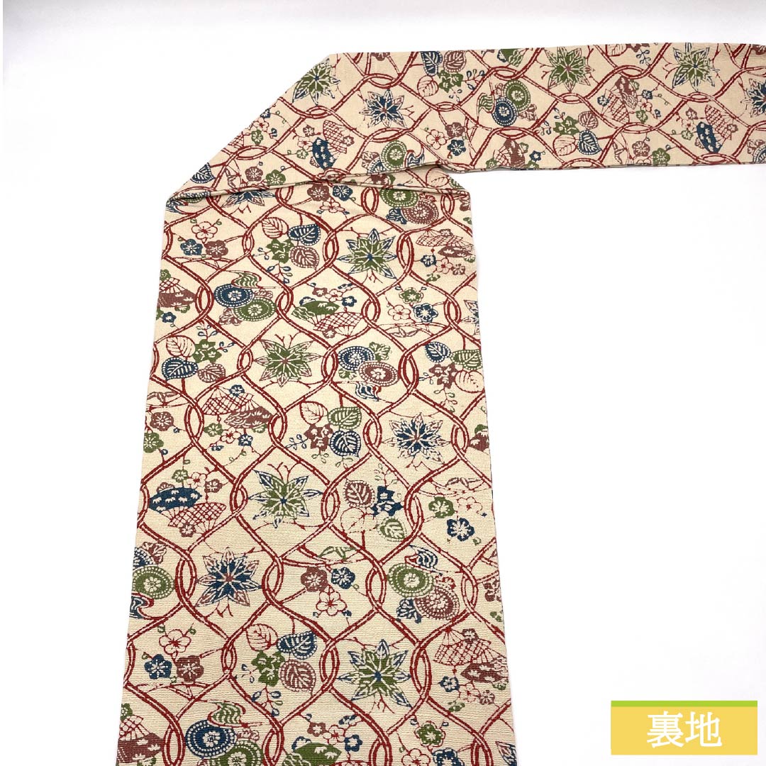 Nagoya obi, genuine silk, S-rank, Tonoko-iro (light beige), Kyo-bingata, tatewaku (wavy lines), plant motif, obi length 336cm, zen-tsu (pattern throughout), casual, beige tones, 1124011182325, Nagoya tailoring
