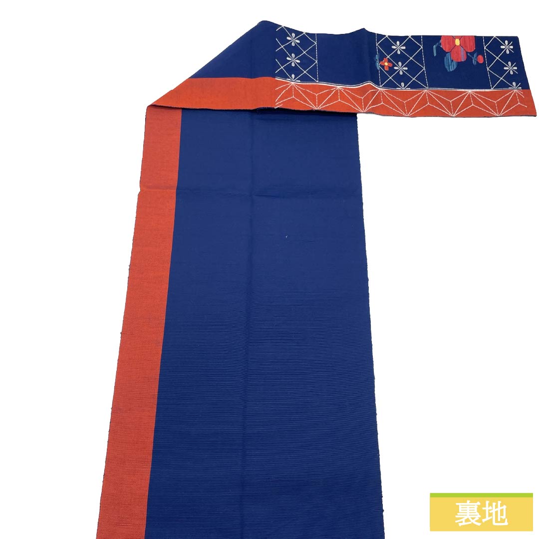 名古屋帯 正絹 Aランク 松葉仕立て 韓藍色（からあいいろ） 花柄 レトロ 麻の葉 帯丈363cm 六通 カジュアル 紺系 1124011843318