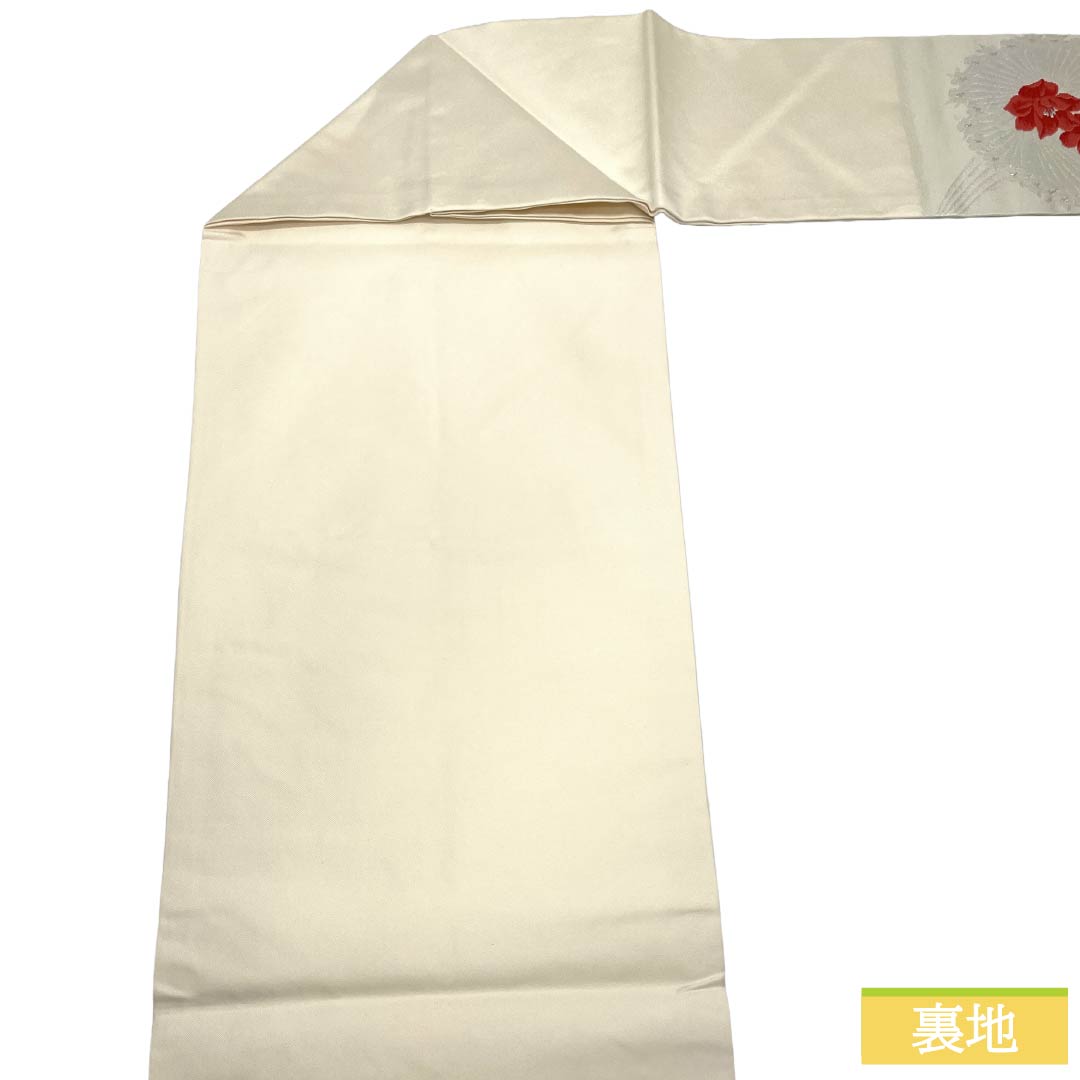 名古屋帯 正絹 Aランク 名古屋仕立て 胡粉色（ごふんいろ） 草花模様 帯丈347cm ポイント柄 セミフォーマル 白系 1124012283311