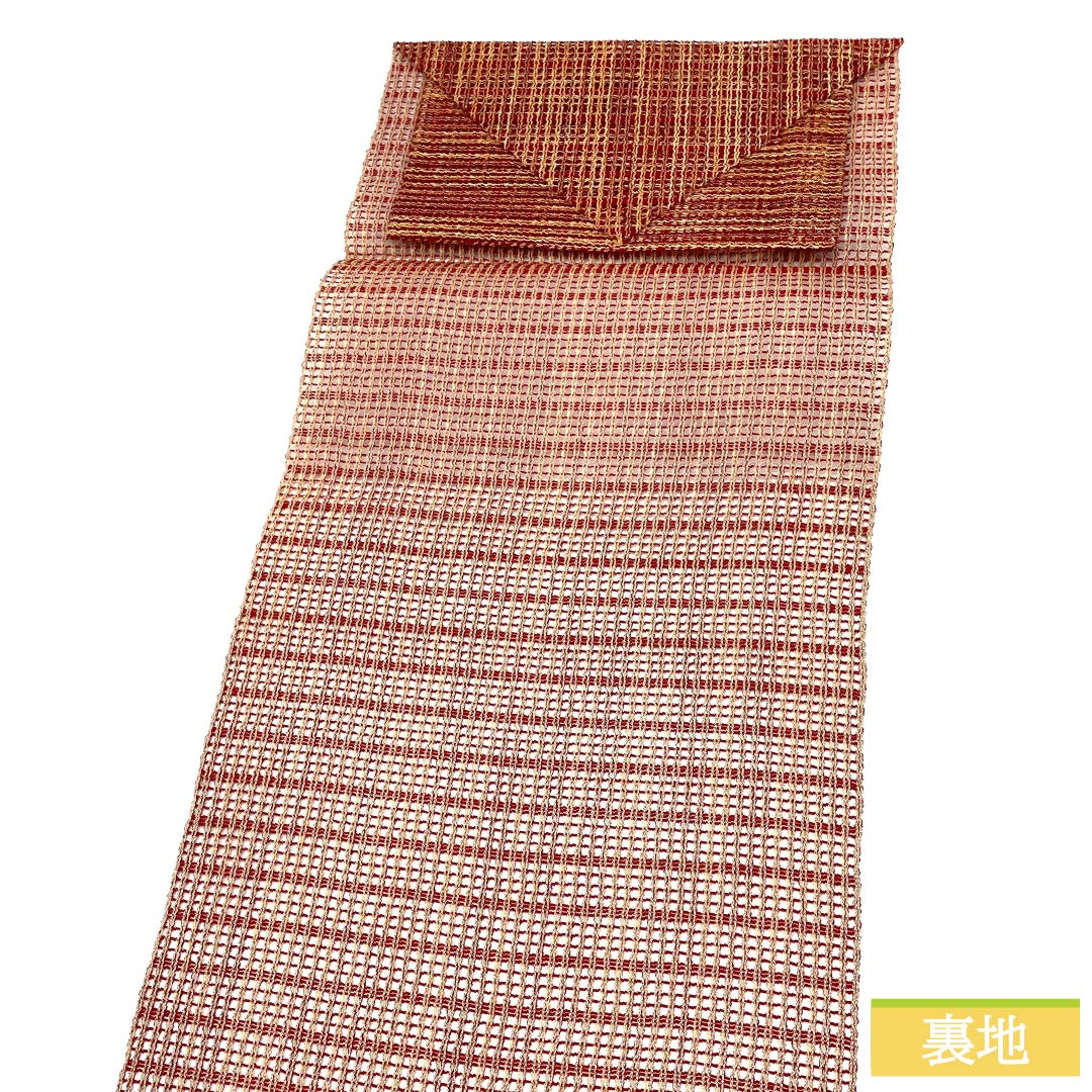 名古屋帯 正絹 Sランク 松葉仕立て 赤紅色（あかべにいろ） 夏帯 縞 トンネル仕立て 帯丈376cm 全通 カジュアル 赤系 1124012862312