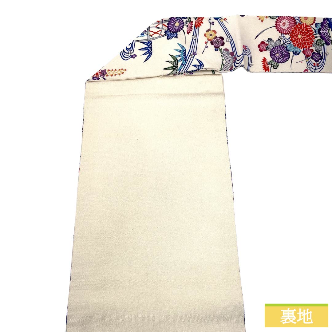 名古屋帯 正絹 Sランク 名古屋仕立て 乳白色（にゅうはくしょく） 京紅型 花柄 ちりめん地 帯丈336cm 全通 カジュアル 白系 1124011742311