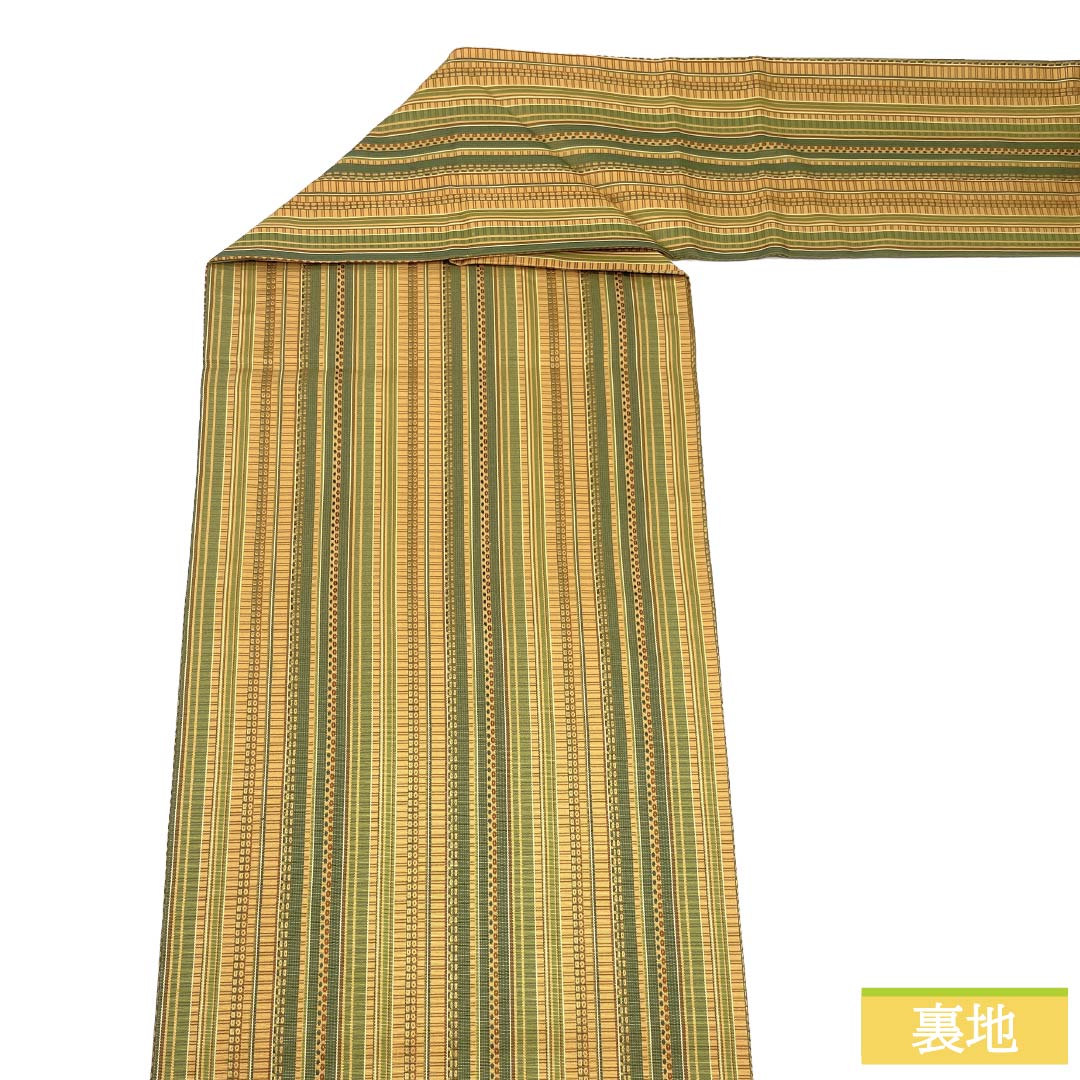 Nagoya obi, genuine silk, A rank, Nagoya tailoring, taupe/green, striped, geometric pattern, obi length 370cm, full pattern, casual, gradient, 1124011633399