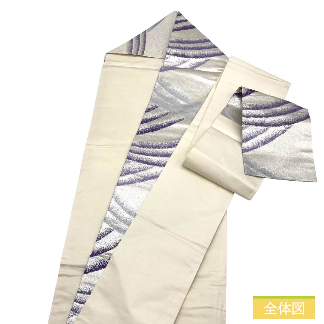 名古屋帯 正絹 Aランク 名古屋仕立て 銀色（ぎんいろ） 古典柄 波 寒色系 帯丈357cm 六通 セミフォーマル 銀系 1124012373322