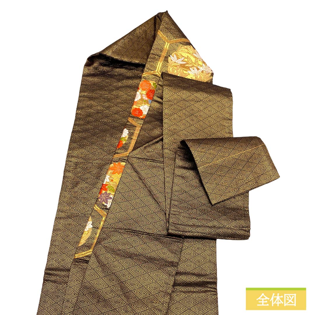 名古屋帯 正絹 Aランク 名古屋仕立て 金色（きんいろ） 佐賀錦 古典柄 亀甲 帯丈353cm ポイント柄 セミフォーマル 金系 1124012543321