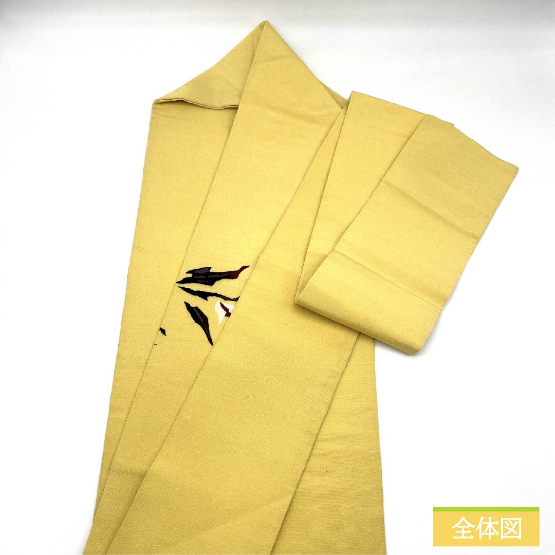名古屋帯 正絹 Bランク 支子色（くちなしいろ） 染め帯 ちりめん地 抽象花模様 帯丈352cm ポイント柄 カジュアル 黄系 1124011514323 名古屋仕立て