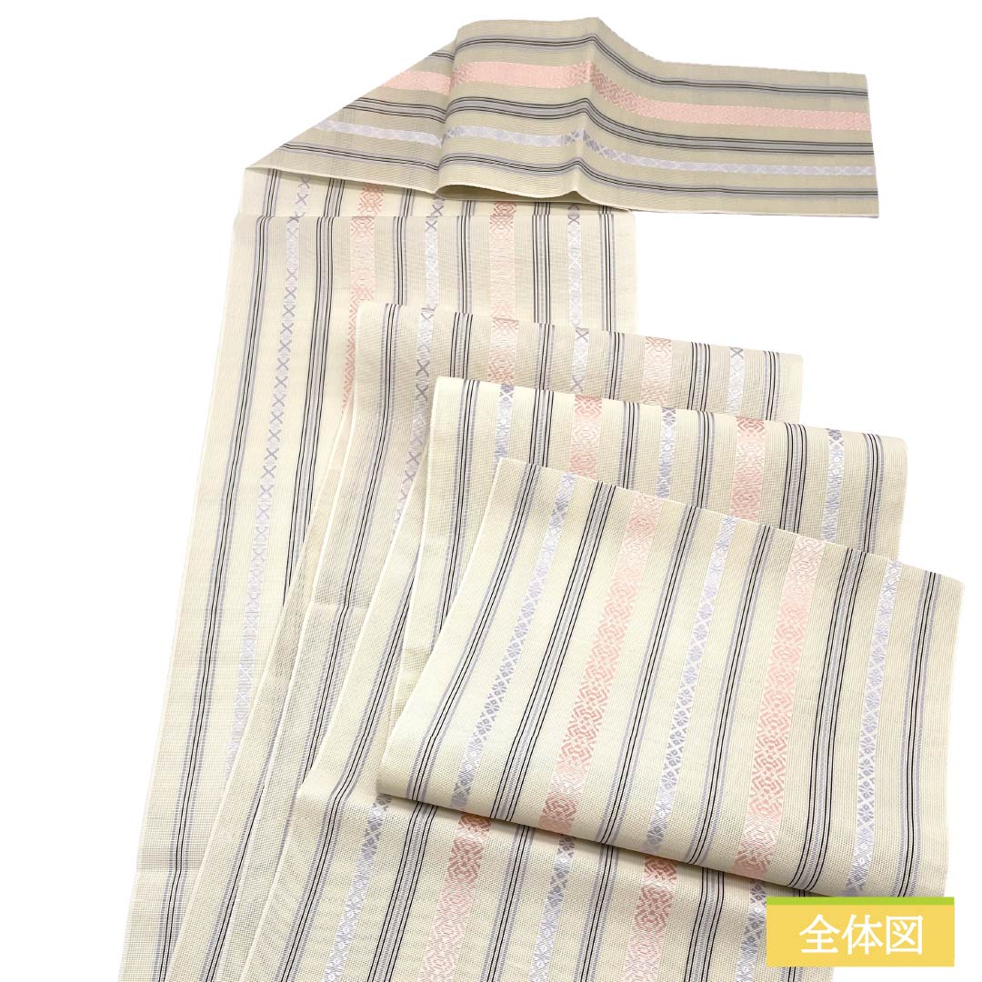 （新品）名古屋帯 正絹 NEWランク 松葉仕立て 象牙色（ぞうげいろ） 夏帯 博多織 献上柄 帯丈384cm 全通 カジュアル ベージュ系 1124013061425