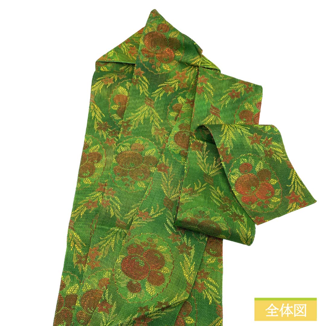 名古屋帯 正絹 Sランク 名古屋仕立て 次緑色（つぎのみどりいろ） 夏帯 草花模様 長尺 帯丈372cm 全通 カジュアル 緑系 1124012312319
