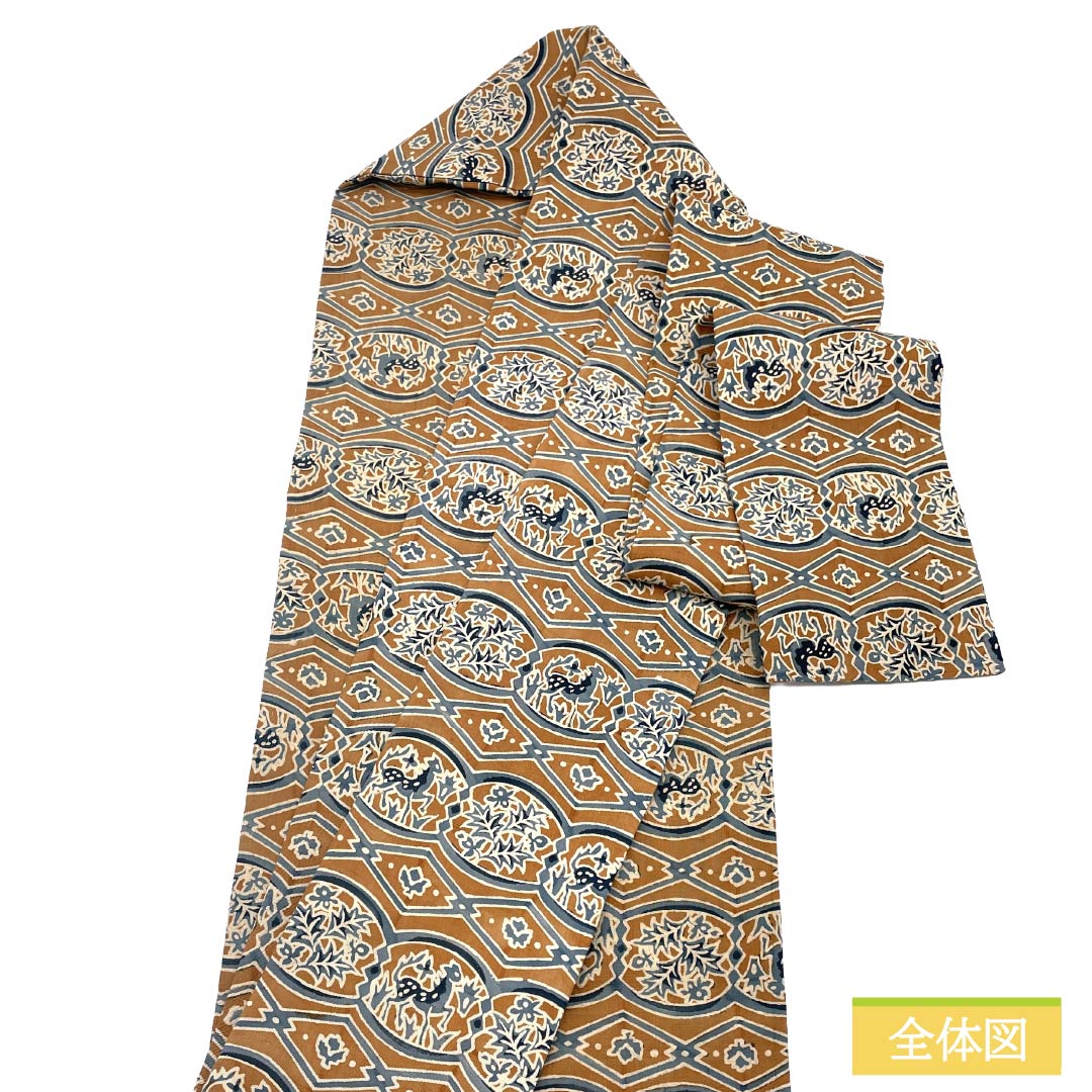 Nagoya obi, genuine silk, S rank, Nagoya-style tailoring, dyed obi, pongee fabric, stencil-dyed sarasa pattern, obi length 338cm, full pattern, casual, brown, 1124011952314