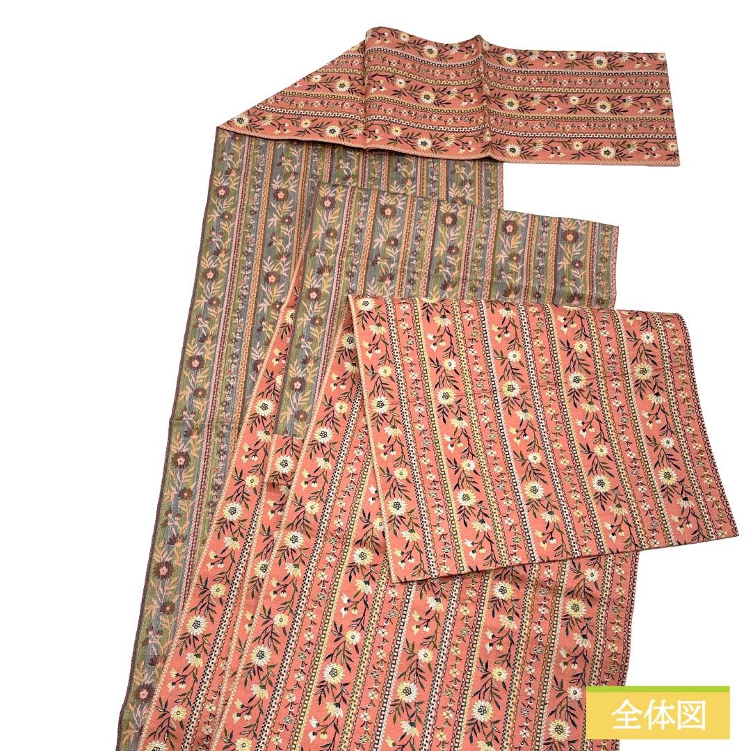 名古屋帯 正絹 Sランク 松葉仕立て 紅梅色（こうばいいろ） 縞 小花柄 帯丈330cm 全通 カジュアル ピンク系 1124012362313
