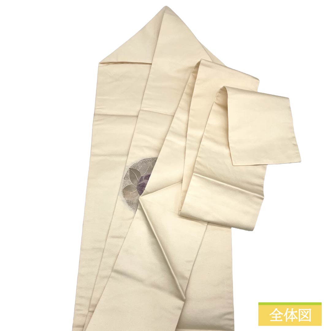Nagoya obi, genuine silk, Rank A, Nagoya tailoring, ecru, classic pattern with camellia in circles, obi length 358cm, partial pattern, semi-formal, white-based, 1124012673311