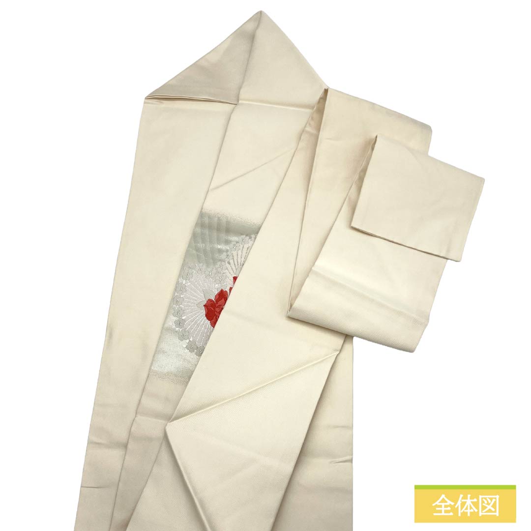 名古屋帯 正絹 Aランク 名古屋仕立て 胡粉色（ごふんいろ） 草花模様 帯丈347cm ポイント柄 セミフォーマル 白系 1124012283311