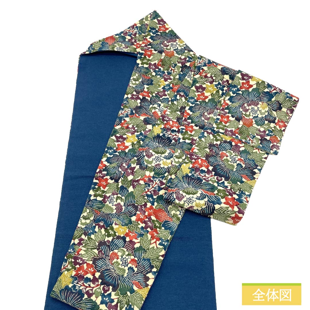Nagoya obi, genuine silk, S-rank, Nagoya tailoring, Berlin blue, Kyo-bingata, bingata style, floral pattern, obi length 358cm, all-over pattern, casual, blue, 1124011922317