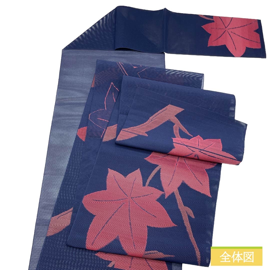 名古屋帯 正絹 Sランク 松葉仕立て 紺色（こんいろ） 夏帯 紅葉 古典柄 帯丈345cm 六通 カジュアル 紺系 1124011902318